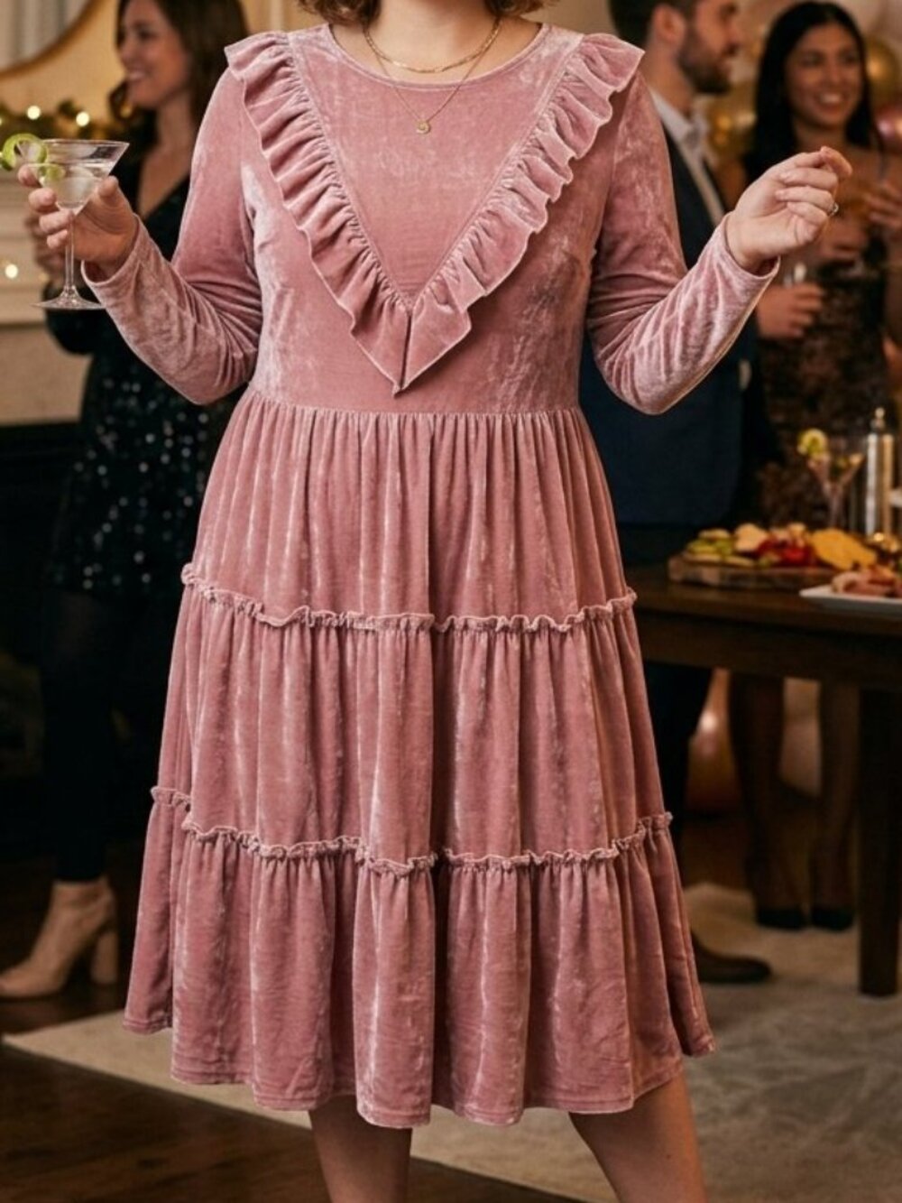 Woman's Long Sleeve Tiered Midi Pink Velour Dress V-Neck Ruffle Bib Holidays